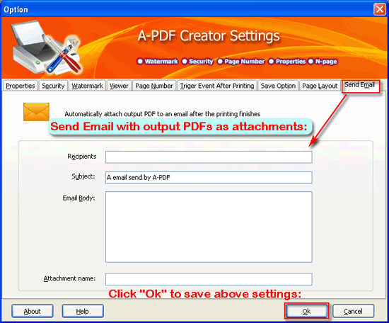 a-pdf creator setting for send email